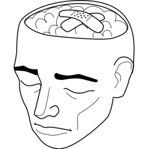 drawing of human head showing top of the brain with band-aid for mental health