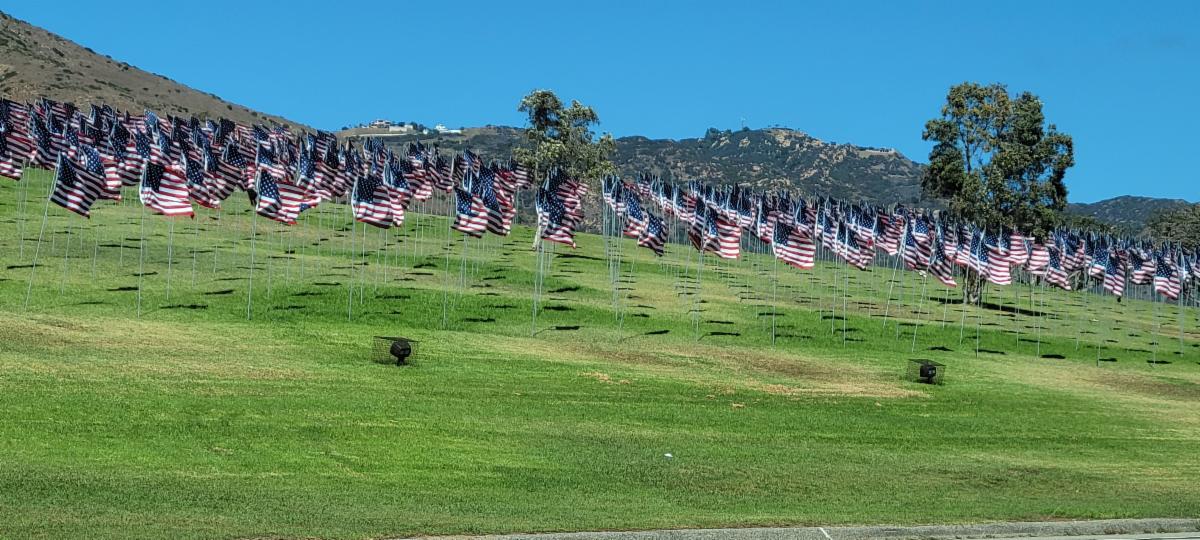 911 flags on lawn at Pepperdine University.