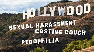Hollywood sign with words sexual harassment, casting couch, pedophilia.