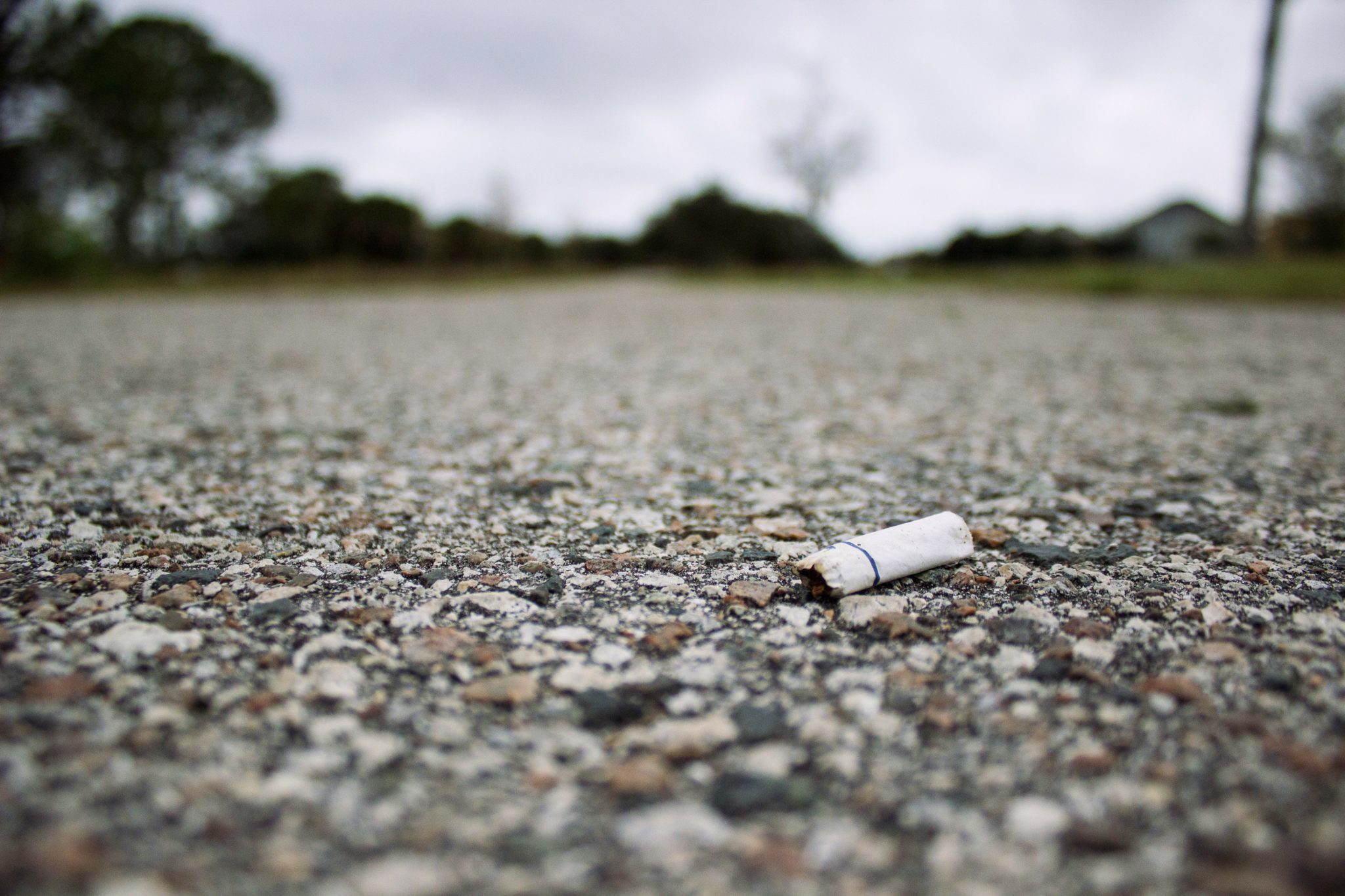 close up of cigarette butt on road.